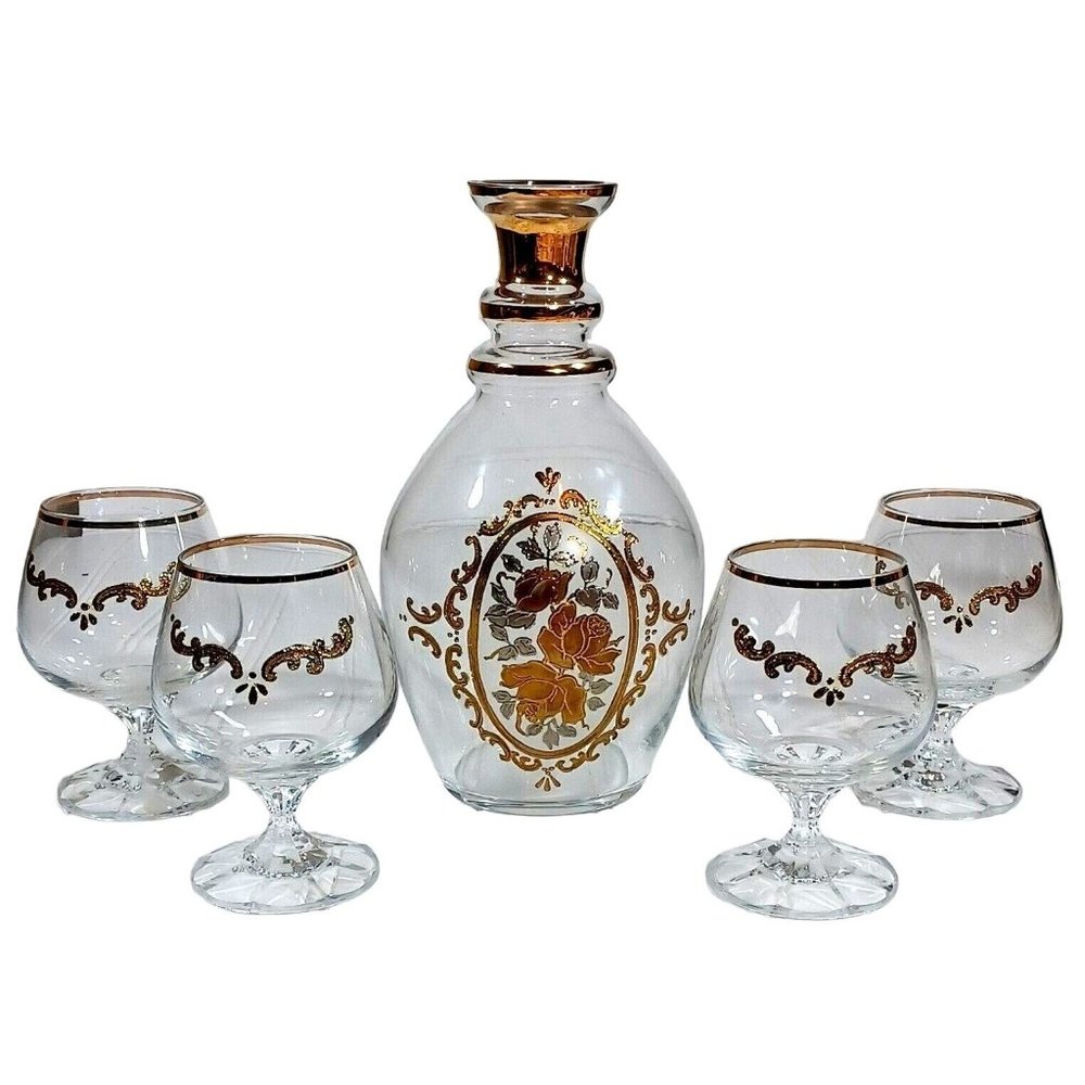 Antique Gold Rose Opaline Bohemian Art Glass Cordial Decanter & 4 Liqu… - Picture 4 of 9